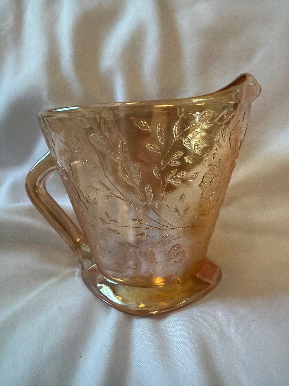 Vintage Pink Depression Carnival Glass Creamer Etched Floral Milk Multitonal